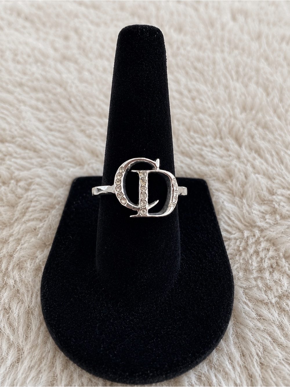 Christian Dior CD Rhinestone Ring Silver Tone Logo Ring Size 52 authentic